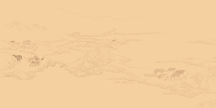 線描山水圖卷