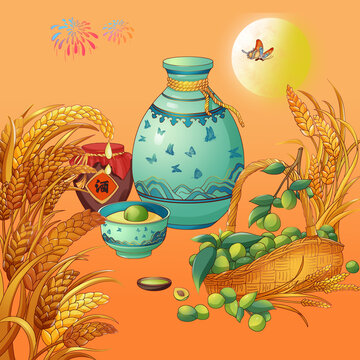小麥豐收青梅芒種白酒包裝插畫(huà)