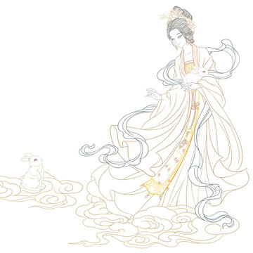 中秋嫦娥玉兔白描線稿