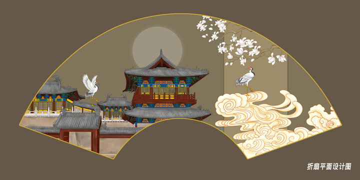 折扇古建筑祥云花鳥