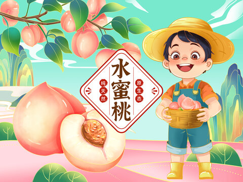 摘水蜜桃手繪插畫