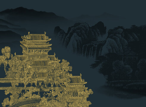 新中式線描山水手繪亭臺(tái)樓閣壁畫