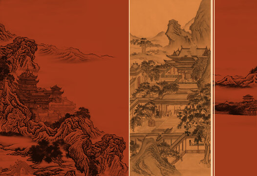 新中式线描山水手绘亭台楼阁壁画