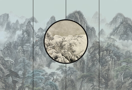 新中式線描山水手繪亭臺樓閣壁畫