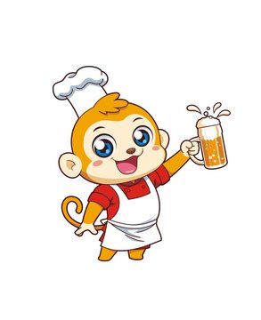 卡通可爱小猴厨师喝啤酒形象