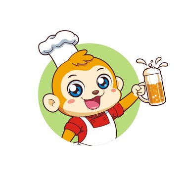 卡通可爱小猴厨师喝啤酒头像