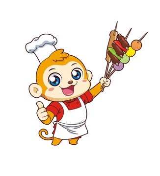 卡通可爱小猴厨师拿烤串形象