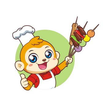 卡通可爱小猴厨师拿烤串头像