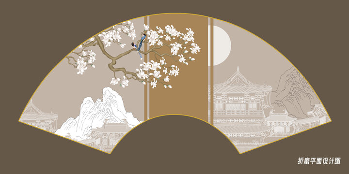 折扇花鳥樓閣壁畫