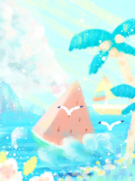 夏季插画背景大海椰树西瓜海鸥