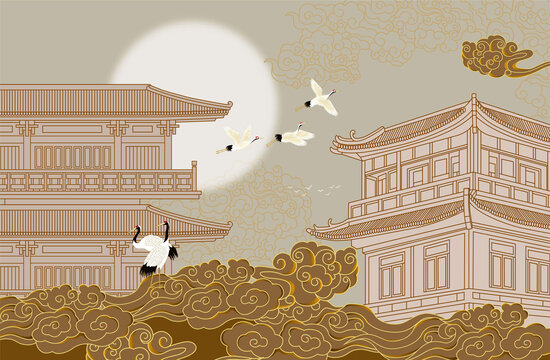 閣樓云紋建筑背景墻