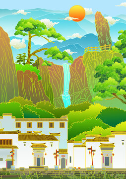 黃山風(fēng)景國(guó)潮插畫