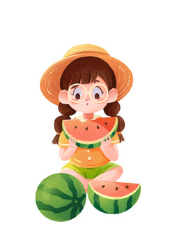 夏日大暑小暑吃西瓜插畫