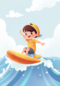 夏日沖浪孩子插畫