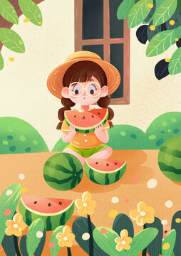 夏日大暑小暑吃西瓜插畫