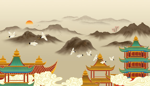 古建筑山水裝飾畫