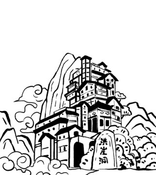 重慶洪崖洞版畫黑白手繪