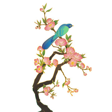 國風(fēng)桃花飛鳥插畫