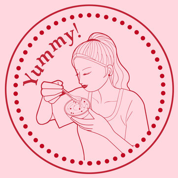 女孩端碗吃甜水圓形插畫