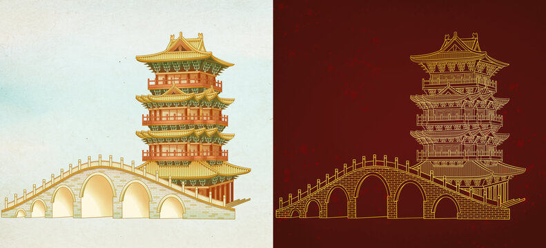 開封古建筑清明上河園線描素材