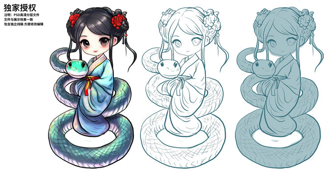 古風(fēng)美女與卡通小蛇
