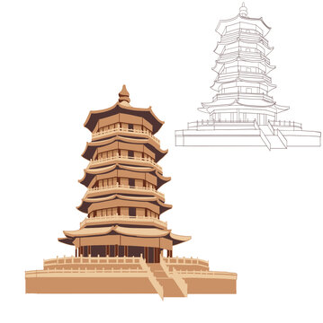 城市古建筑插畫蓬萊閣