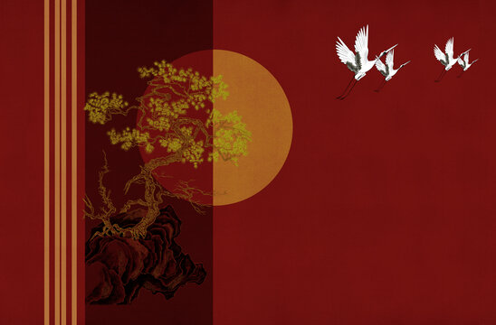 原創(chuàng)新中式樓閣山水肌理感壁畫