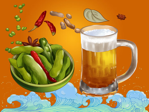 夏日燒烤涼菜啤酒花生毛豆插畫