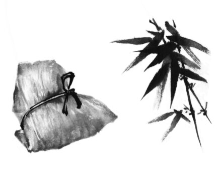 國畫水墨畫分層素材粽子和竹子