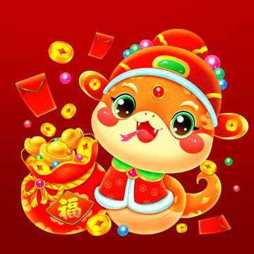 國潮春節(jié)新年蛇年傳統(tǒng)福袋蛇插畫