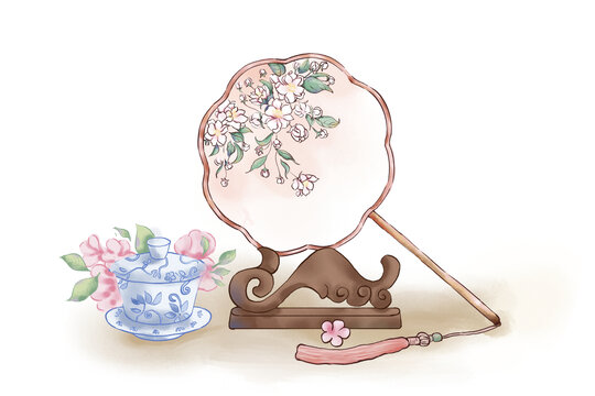 扇子和茶杯國風(fēng)插畫