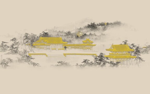 新中式線描山水背景墻