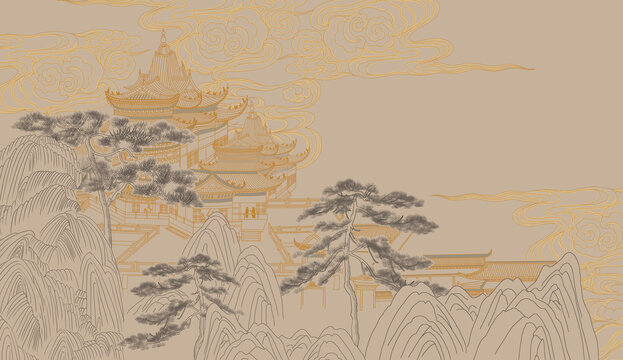 新中式樓閣線描背景墻