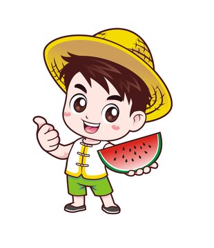 卡通可愛小農(nóng)夫拿西瓜形象矢量圖