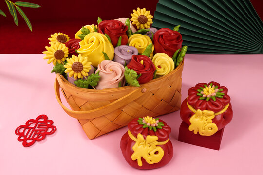 手工面食花餑餑鮮花籃組合