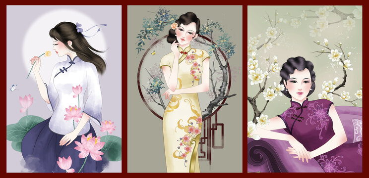 旗袍美女插畫人物