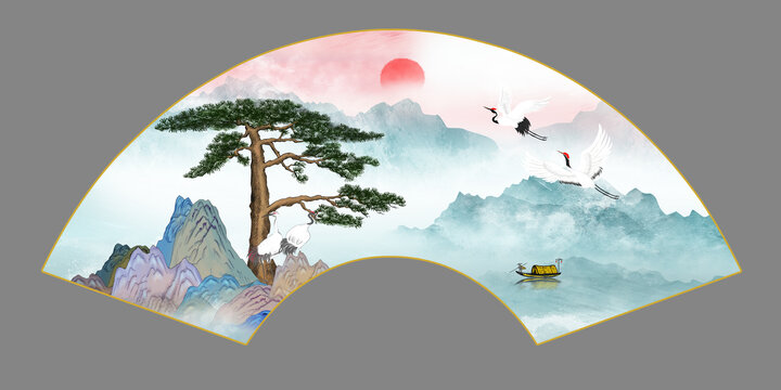 折扇云霧山水