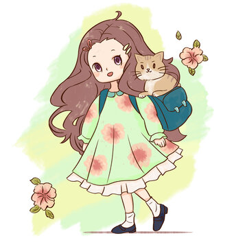 女孩女娃娃貓咪涂鴉插畫(huà)角色