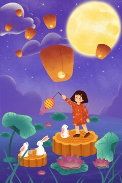 中秋玉兔望月小女孩提燈籠