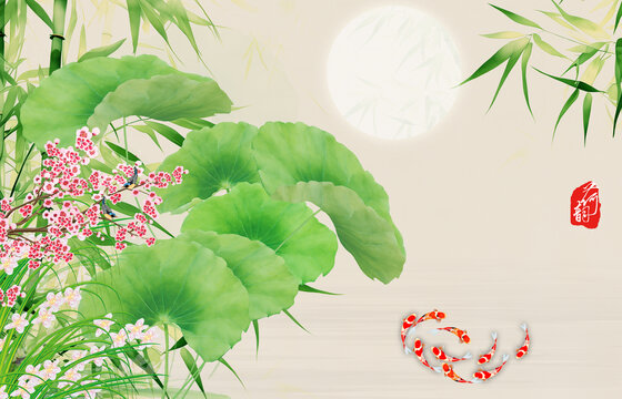 荷花九魚圖