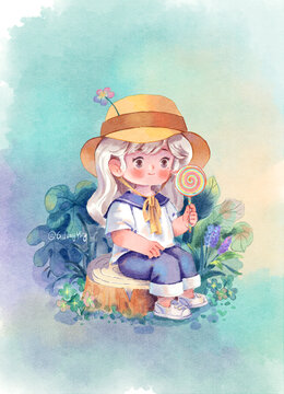 森林女孩兒童插畫