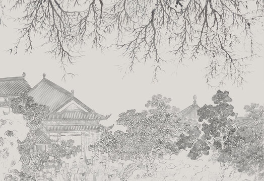 樹枝復古亭臺樓閣背景墻