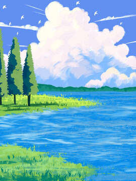 手繪湖邊風(fēng)景