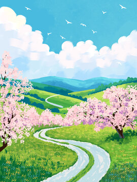 手繪唯美春天山野