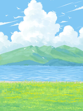 手繪唯美湖邊風(fēng)景