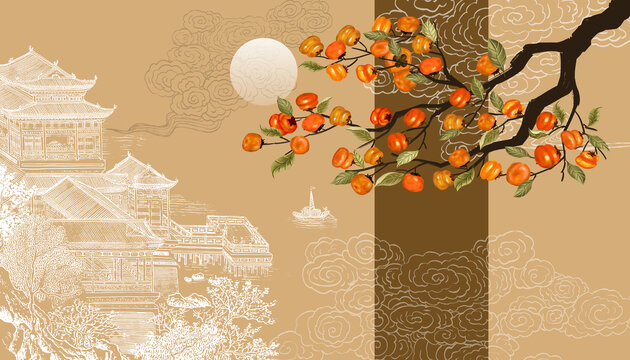 中式樓閣刺繡山水壁畫