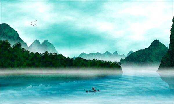 矢量山水意境背景墻