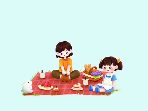 和朋友一起野餐場景插畫