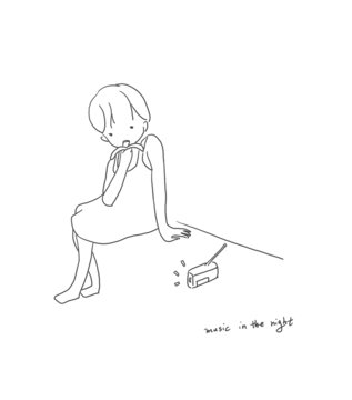 手繪漫畫插畫流汗后吃棒冰聽(tīng)音樂(lè)