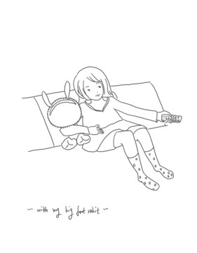 手繪漫畫插畫和大腳兔玩偶在一起
